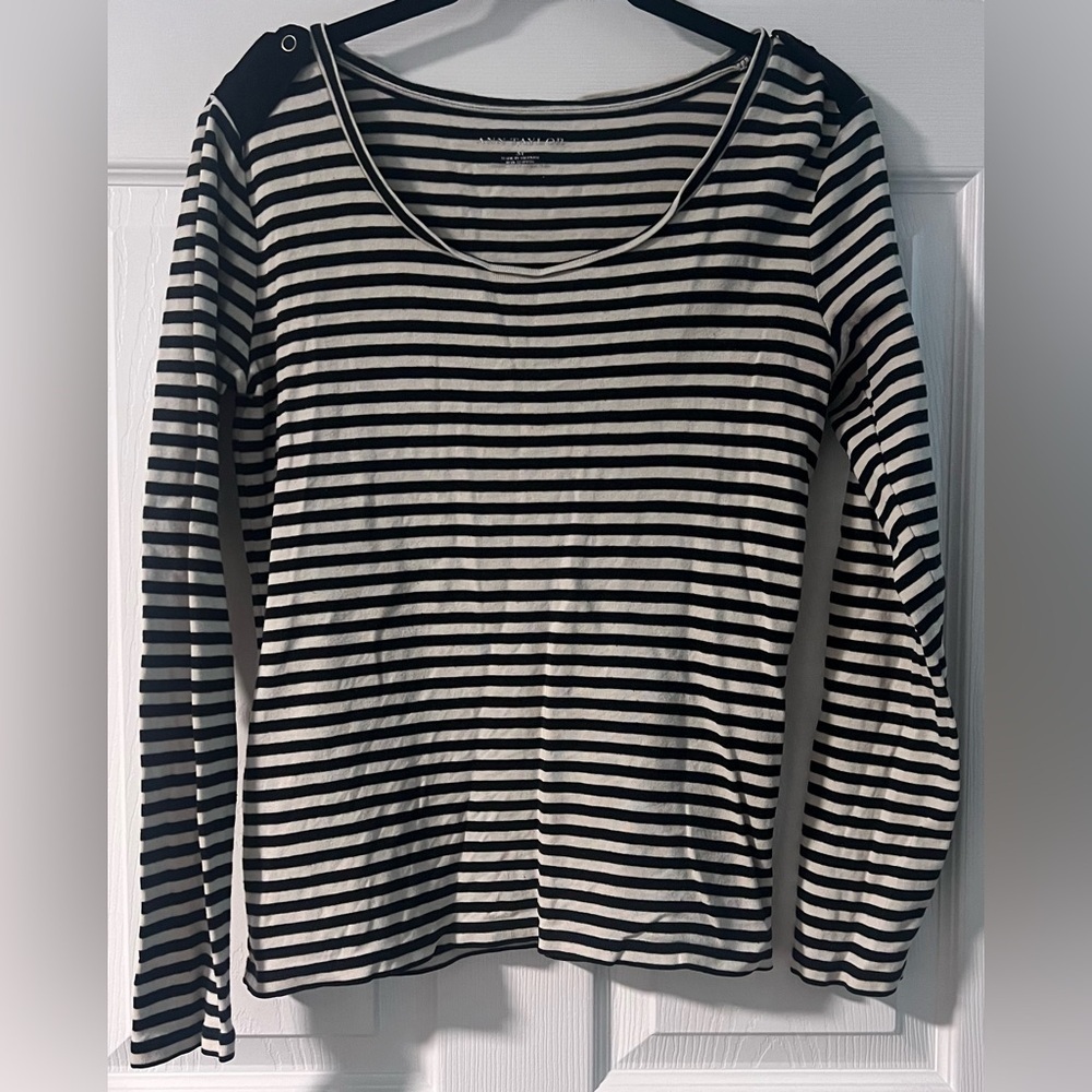 Ann Taylor Black and Cream Striped Long Sleeve Top